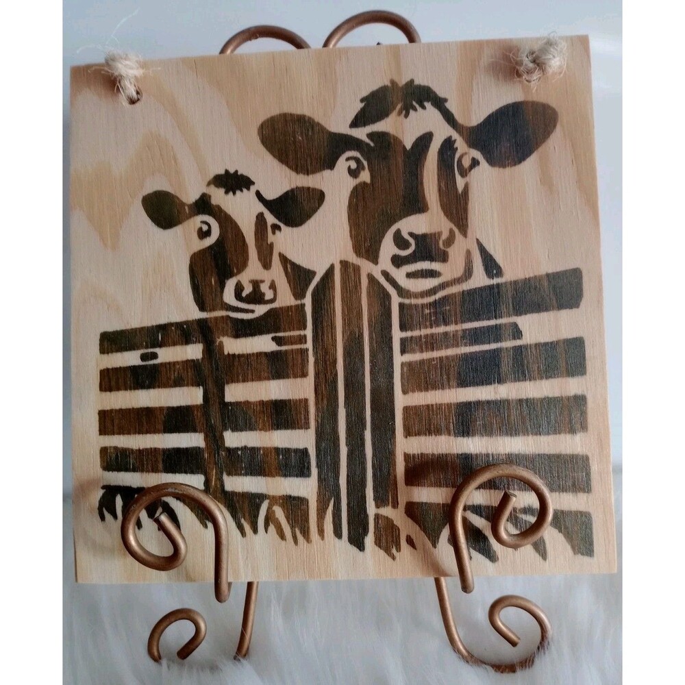 Handmade Cows by Fence Wood Burnished 8 1/2" X 8 1/2" Wall Hanging Country Decor